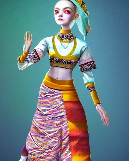 Prompt: a beautiful cute Elle Fanning wearing modern stylish costume in the style of Assamese bihu mekhela sador gamosa design, commercial fashion design art by Hikari Shimoda, face by victor nizovtsev and daz3d genesis iray, cinematic lighting, medium shot, mid-shot, slim female figure ramp walk model pose, highly detailed, trending on Artstation, Unreal Engine 4k, cinema 4d multi-pass ray traced, 8k fabric texture details, octane render, diffused natural skin glow