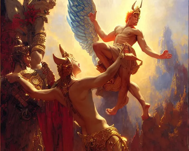 Image similar to attractive pagan male deity, summoning handsome lucifer morning star. highly detailed painting by gaston bussiere, craig mullins, j. c. leyendecker 8 k