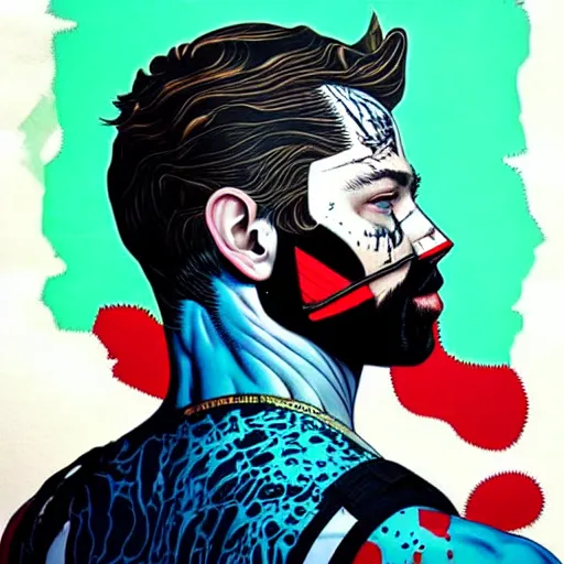 Prompt: a portrait of a back man with side profile blood in ocean intricate details :: side profile :: oxygen mask by MARVEL comics and Sandra Chevrier