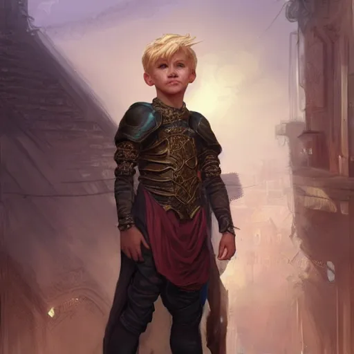 Image similar to portrait of a young boy wearing fantasy thief clothing in the slums of a fantasy city, blonde hair, d & d, fantasy, joyful smirk, intricate, elegant, highly detailed, digital painting, artstation, concept art, matte, sharp focus, illustration, art by artgerm and greg rutkowski and alphonse mucha