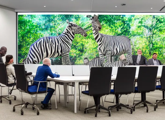 Prompt: photo of a zoo animals attending a management board meeting. Highly detailed 8k. Intricate. Sony a7r iv 55mm. Stock photo.