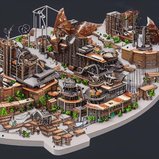 Image similar to swiss chalet inspired steampunk mountain city, axonometric exploded view, high detail, 8k, photorealistic