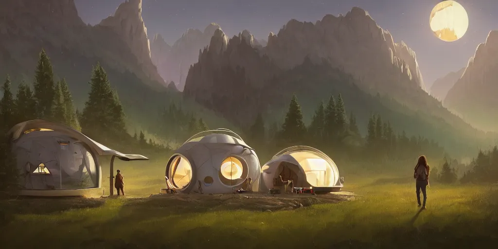 Image similar to cabela's tent sci - fi retro futuristic pop up family space pod, cabin, modular, person in foreground, mountainous forested wilderness open fields, beautiful views, painterly concept art, joanna gaines, environmental concept art, farmhouse, magnolia, concept art illustration by ross tran, by james gurney, by craig mullins, by greg rutkowski