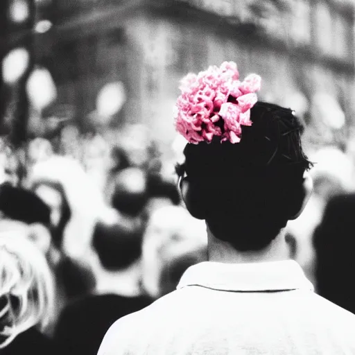 Image similar to kodak portra 4 0 0 photograph of a skinny blonde guy standing in crowd of black and white people, back view, flower crown, moody lighting, telephoto, 9 0 s vibe, blurry background, vaporwave colors, faded!,