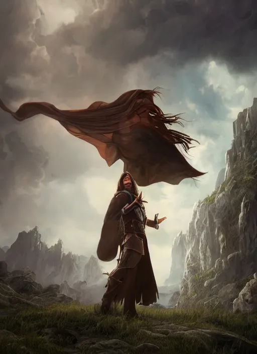 Image similar to An epic fantasy comic book style portrait painting of a young man with a long brown hair, a cloak waving in the wind in front of an epic fantasy landscape, unreal 5, DAZ, hyperrealistic, octane render, cosplay, RPG portrait, dynamic lighting