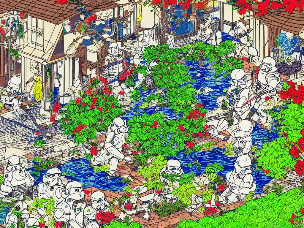 Prompt: super - detailed close - up image of one japanese house with a garden, pond, five stormtroopers sitting around it, in style of pop - art, andy warho style, roy lichtenstein style, jackie tsa stylei, bright palette, acrylic on canvas