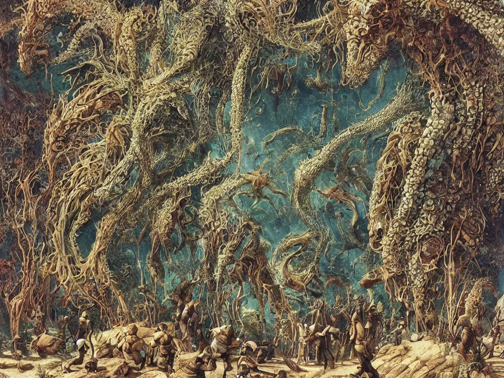 Image similar to Crowd gathered around a giant, oversized, giant, ferocious Springtail. The world of Nausicaa of the Valley of Wind. Painting by Ernst Haeckel, Moebius, Caspar David Friedrich, Roger Dean