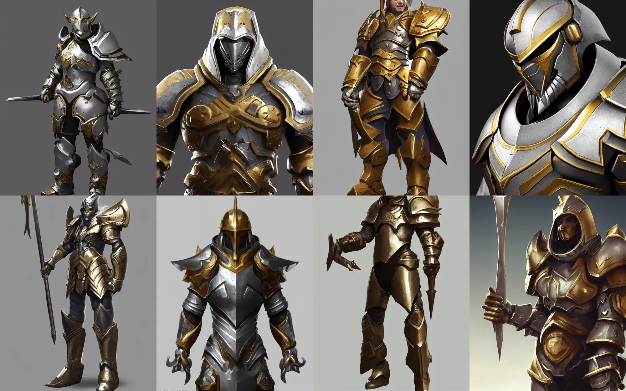 Prompt: stunning character art, epic paladin armor, trending on artstation, hd octane render, silver, gold trim, smooth shading, extremely clean, uncluttered, high quality, exaggerated proportions, very professional