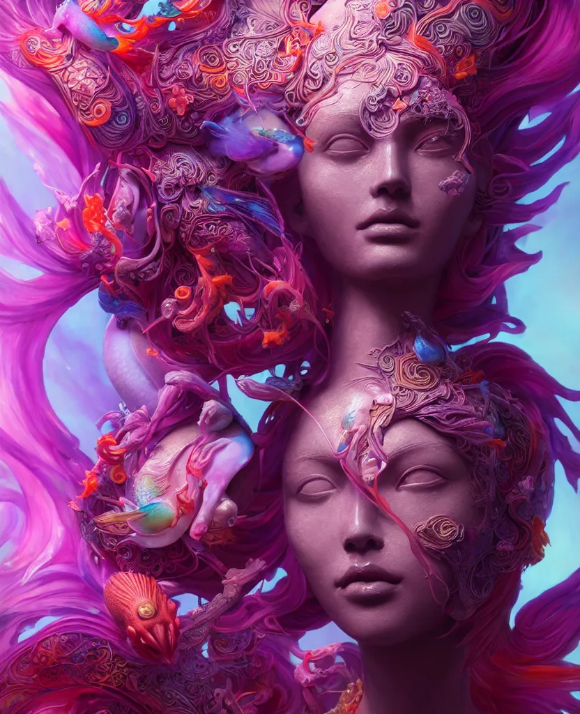 Image similar to goddess full color painted acryllic sculpture close-up portrait. orchid bird phoenix head, nautilus, skull, betta fish, bioluminiscent creatures, intricate artwork by Tooth Wu and wlop and beeple. octane render, trending on artstation, greg rutkowski very coherent symmetrical artwork. cinematic, hyper realism, high detail, octane render, 8k