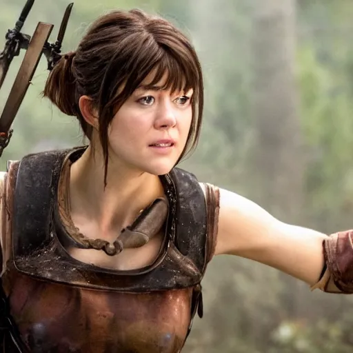 Image similar to mary elizabeth winstead as a warrior in a scifi battlefield