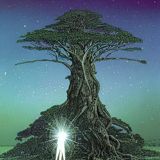 Image similar to a large tree rooted in a galactic crystal hovering in space, by moebius