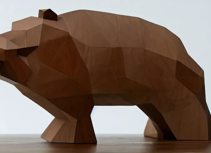 Prompt: a minimalist curvy shaped sculpture of hippopotamus!, wood and epoxy on top, cubic blocks stripes cuts, side view profile centered, studio, design, object, reddit