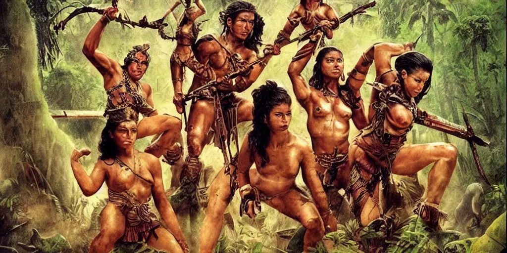 Image similar to movie, ancient battle in jungle, beautiful brutal aztec and Amazonian females fight, epic, vintage, blood, slight inspiration of Boris vallejo and apocalypto