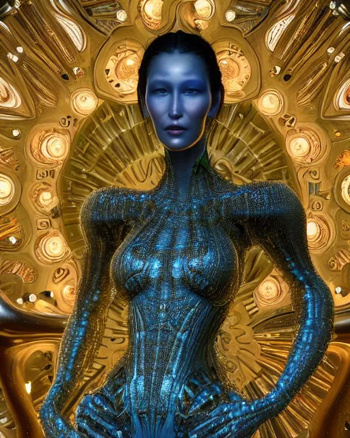 Image similar to a highly detailed metahuman 4 k close up render of an alien goddess bella hadid as alien in iris van herpen dress schiaparelli in diamonds crystals swarovski and jewelry in style of alphonse mucha gustav klimt trending on artstation made in unreal engine 4