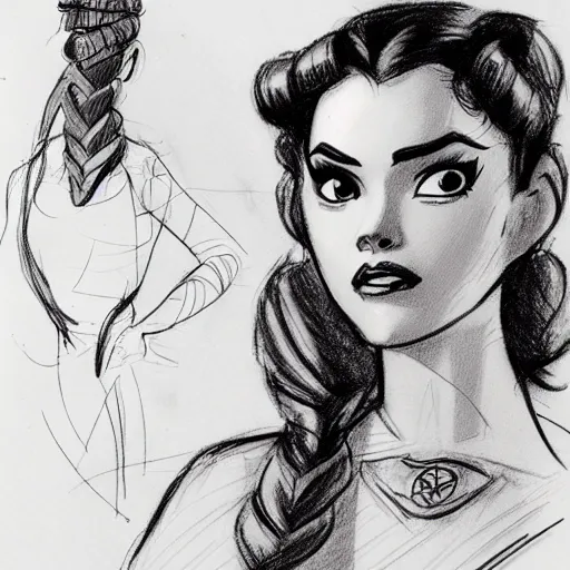 Image similar to milt kahl sketch of vanessa hudgeons with done up hair, tendrils covering face and ponytail as princess padme from star wars episode 3