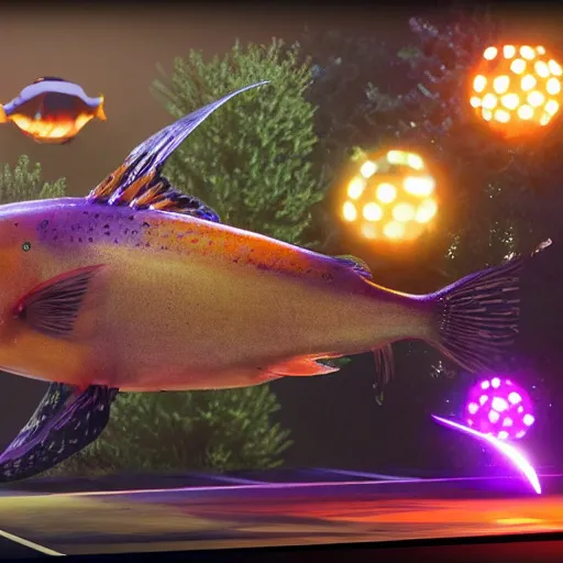 Image similar to screenshot from an AAA video game about fish that can transform to a disco ball trending on artstation