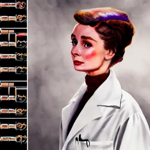 Image similar to a highly detailed epic cinematic concept art CG render digital painting artwork costume design: Audrey Hepburn as a 1950s scientist lunatic in a lab coat, with wild unkempt hair. By Mandy Jurgens, Simon Cowell, Barret Frymire, Dan Volbert, David Villegas, Irina French, Heraldo Ortega, Rachel Walpole, Jeszika Le Vye, trending on ArtStation, excellent composition, cinematic atmosphere, dynamic dramatic cinematic lighting, aesthetic, very inspirational, arthouse