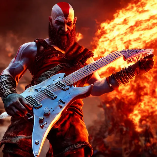 Prompt: sunglasses wearing kratos shredding on a flaming stratocaster guitar, cinematic render, god of war 2 0 1 8, santa monica studio official media, sunglasses, lightning