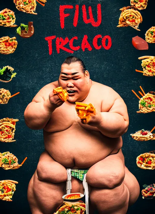 Image similar to sumo wrestler eating crispy tacos, holding hot sauce, portrait, photo realism, bokeh background, neon lights, city background, high definition, slr