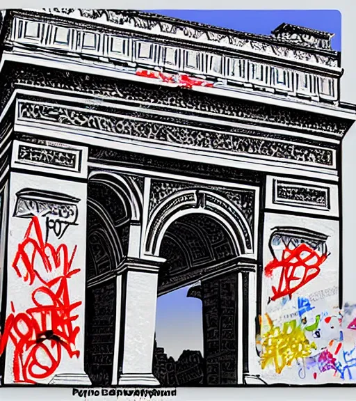 Prompt: photorealistic, photoshop, arc de triomphe full of graffiti