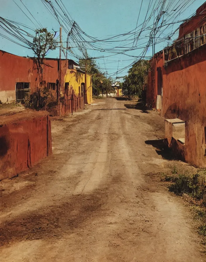 Prompt: vintage color photo of a massive liquid gold sculpture in a south american rural town alley with dirt roads and white walls