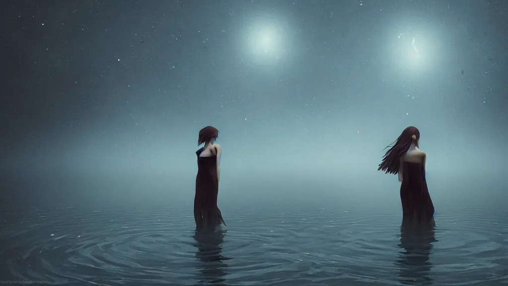 Prompt: whimsical, a single beautiful playful woman, standing in a lake, under the stars, with a binary black hole with a ring in the sky, by Lois van Baarle, by Greg Rutkowski, by Ilya Kuvsninov, cinematic angle, face enhance, volumetric lighting, cinematic lighting, digital art, 4k resolution, octane render, trending on artstation, masterpiece