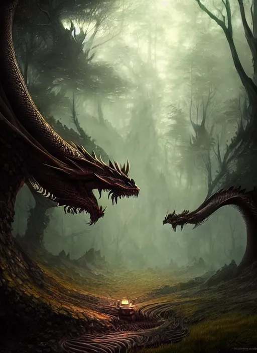 Prompt: fantasy forest landscape, dragon scales, fantasy magic, dark light night, intricate, elegant, sharp focus, illustration, highly detailed, digital painting, concept art, matte, art by WLOP and Artgerm and Greg Rutkowski, masterpiece