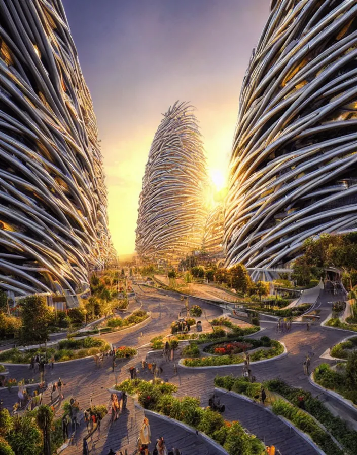 Image similar to vincent callebaut architectures, hyper realistic streetscapes stunning volumetric lighting sunset