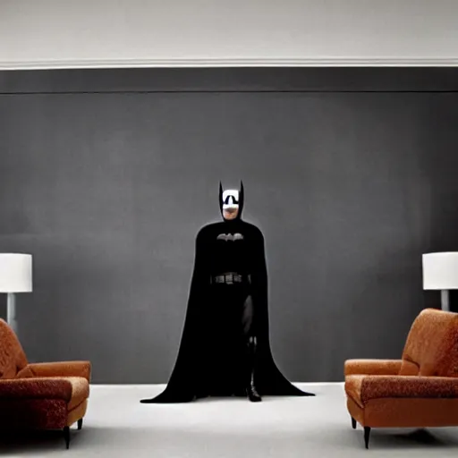 Image similar to Batman standing in giant Italian modern castle living room, clean minimalist design, that is 1300 feet tall, with very tall giant walls filled with modern art paintings, doors that are cosmic portals, photo by Annie Leibovitz