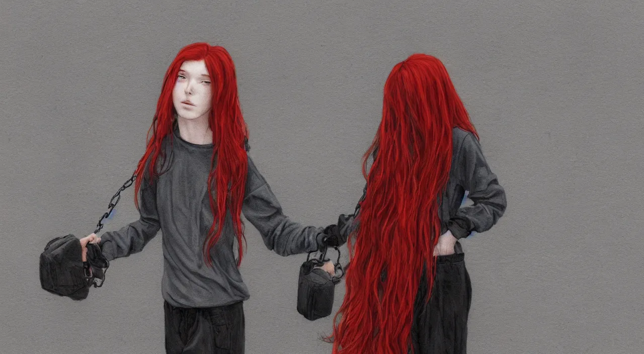 Prompt: a teenager with long red hair wearing baggy black clothes, leaning against a chain fence on a building rooftop, dark grey sky on a rainy day, hd, 8k resolution, grainy, trending on artstation, Drawing by Yoshitoshi Abe