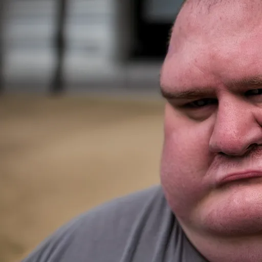 Prompt: a portrait photo of the fattest man ever, he is not happy, 5 0 mm, depth of field