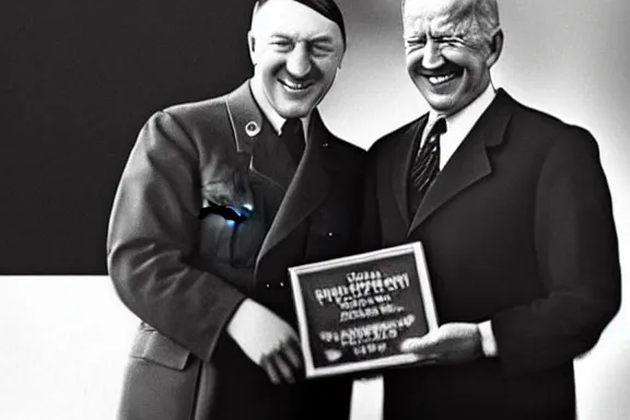 Image similar to “ very very intricate photorealistic photo of hitler and joe biden laughing together, detailed natural lighting, award - winning crisp details ”