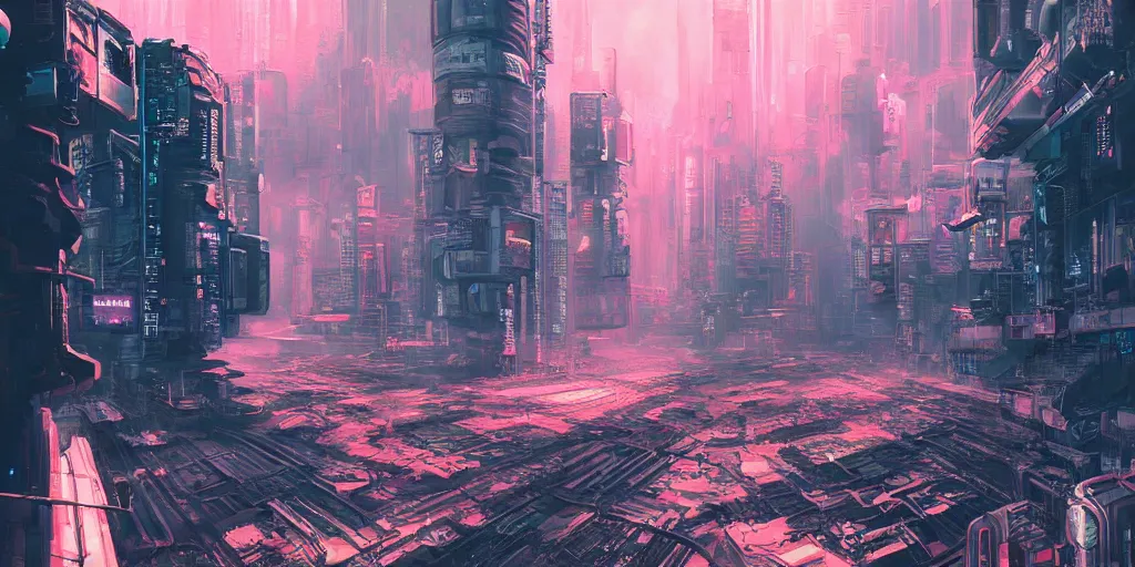 Image similar to beautiful japanese cyberpunk futuristic landscape painting, 3 d hyperrealistic render, cmyk, by tuomas korpi, dan mumford, trending on artstation