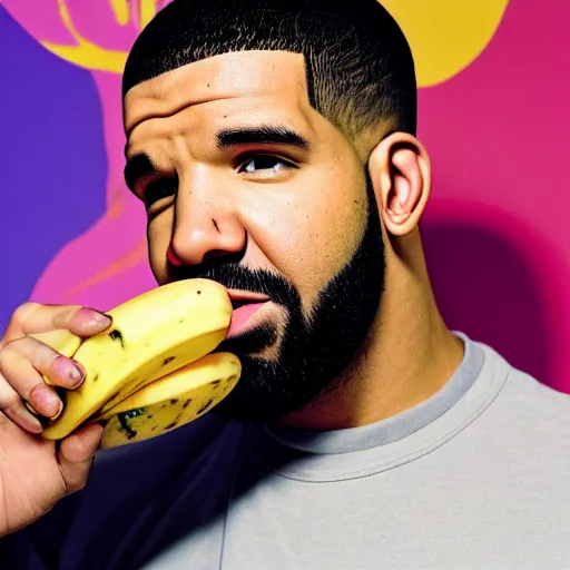 Image similar to a photograph of drake holding a banana up to his ear