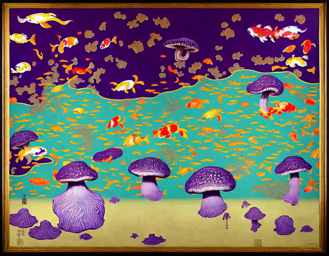 Prompt: vase of mushroom in the sky and under the sea decorated with a dense field of stylized scrolls that have opaque purple outlines, with koi fishes and electrifying eels, ambrosius benson, kerry james marshall, afrofuturism, oil on canvas, history painting, hyperrealism, light color, no hard shadow, around the edges there are no objects