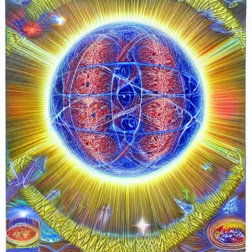 Image similar to map of the multiverse, painting by Alex Grey and Hajime Sorayama