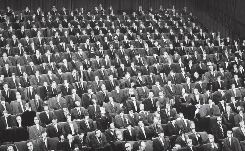 Image similar to 60s movie still of a soviet congress, by Irving Penn , Cinestill 800t 35mm black and white, heavy grainy picture, very detailed, high quality, 4k, HD criterion, precise texture, CCCP flag