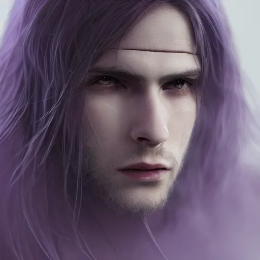 Image similar to a highly detailed Portrait of a young man with light gray long hair, purple eyes, in a black cloak, artstation, DeviantArt, professional, octane render