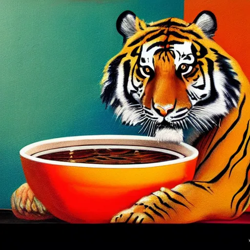 Image similar to tiger print by steve henderson, by pete turner experimental. in this body art, the artist has used a photo - realist style to depict a can of soup. the can is placed on a plain background, & the artist has used bright, primary colors to create a striking image. the body art is both realistic & abstract