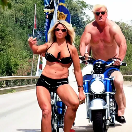 Prompt: perfect photo of extremely muscular Donald Trump in a Speedo, riding a Harley, very attractive woman on his motorcycle with him