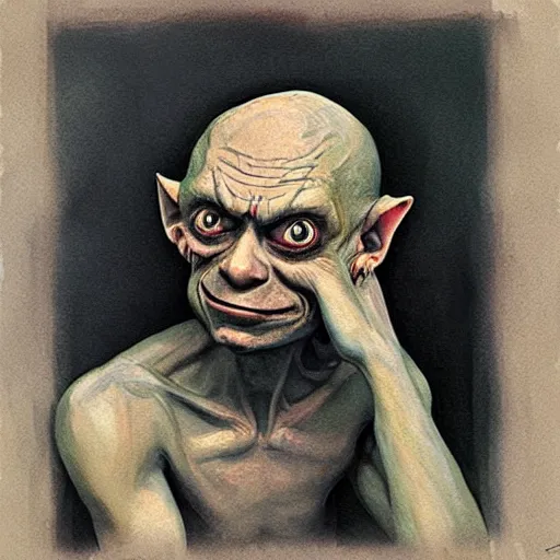 Image similar to Gollum , Taras Shevchenko style, painting ,