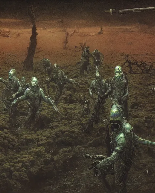 Image similar to group of sardaukar soldiers in a chlorine swamp, retrofuturism sci - fi old movie, highly detailed, photorealistic, 8 k, by beksinski and stalenhag