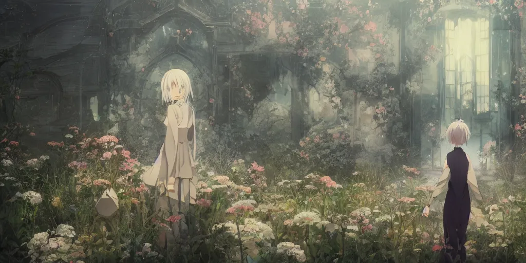 Image similar to anime kyoto animation key by greg rutkowski night, single white hair girl from behind, in abandoned chapel with overgrown flowers and plants