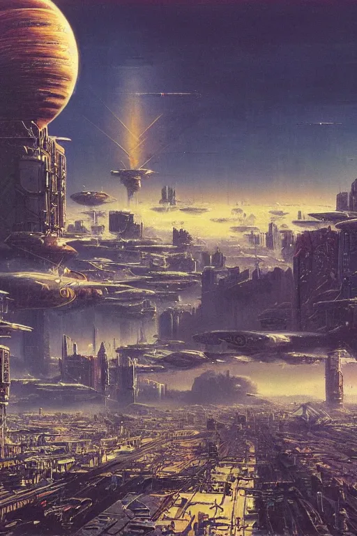 Image similar to a cyberpunk city in an frozen landscape, cosmic sky puffy clouds, sci - fi vivid by bruce pennington