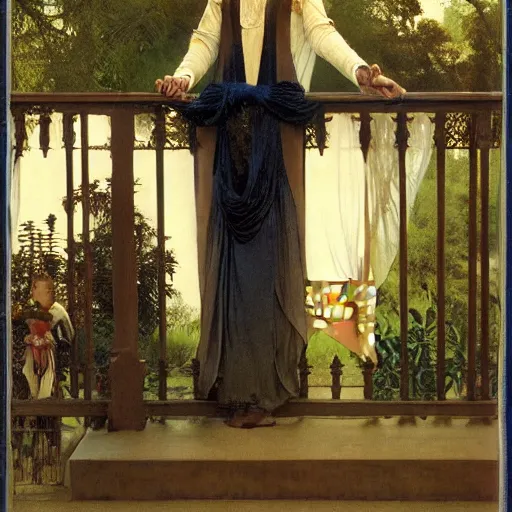 Image similar to A girl with on the front of a Balustrade porch with a hedge maze on the background, major arcana occult clothes, by paul delaroche, alphonse mucha and arnold böcklin arnold böcklin hyperrealistic 8k, very detailed