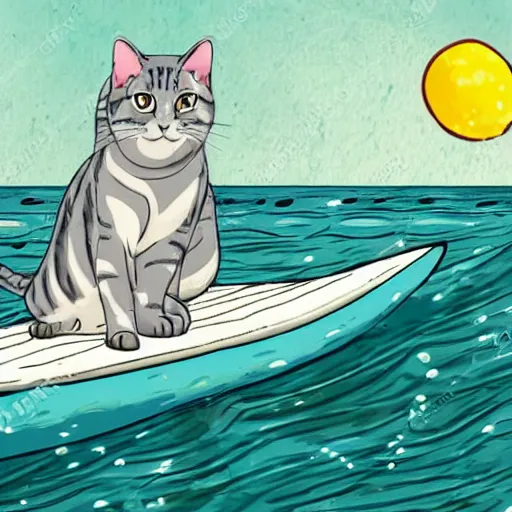 Prompt: a grey tabby cat on a surfboard, the water is all fish, in the style of studio ghibli, bright daylight