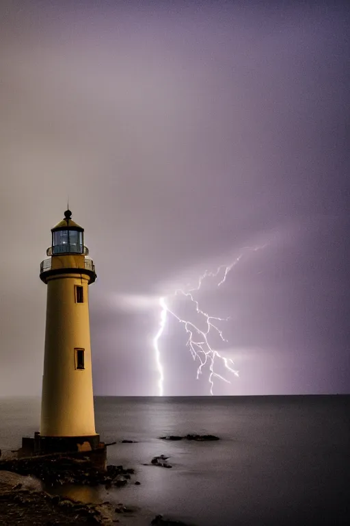 Image similar to photo lighthouse on island, heavy rain, lightning storm, boat lights in distance, night, light shining, XF IQ4, 150MP, 50mm, f/1.4, ISO 200, 1/160s, natural light, Adobe Photoshop, Adobe Lightroom, DxO Photolab, polarizing filter, Sense of Depth, AI enhanced, HDR