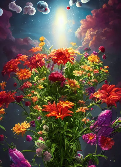 Image similar to An epic fantastic realism comic book style painting of the most beautiful flowers launched into space, bouquets, fisheye lens, unreal 5, DAZ, hyperrealistic, octane render, dynamic lighting