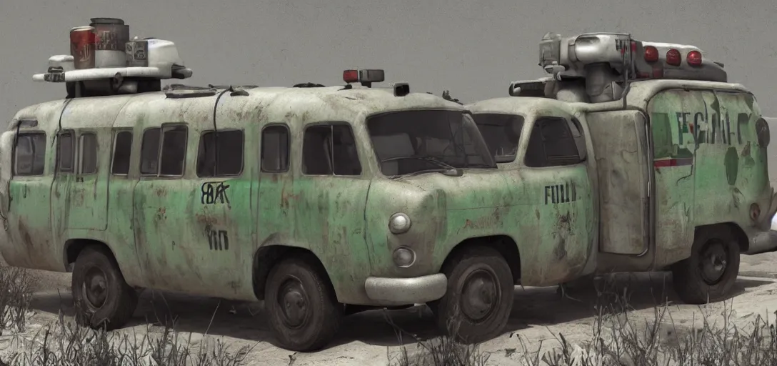 Image similar to fallout ambulance, 8 k photorealistic, hd, high details, trending on artstation