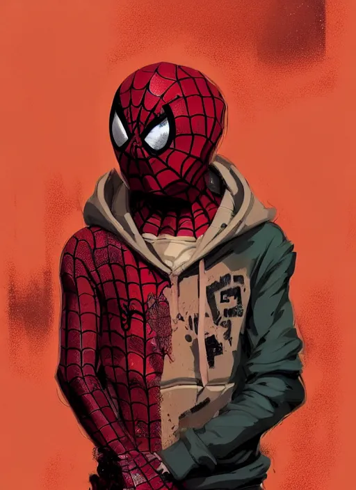 Image similar to highly detailed portrait of a sewer spiderman, tartan hoody, ringlet hair by atey ghailan, by greg rutkowski, by greg tocchini, by james gilleard, by joe fenton, by kaethe butcher, gradient red, brown, cream and white color scheme, grunge aesthetic!!! ( ( graffiti tag wall background ) )